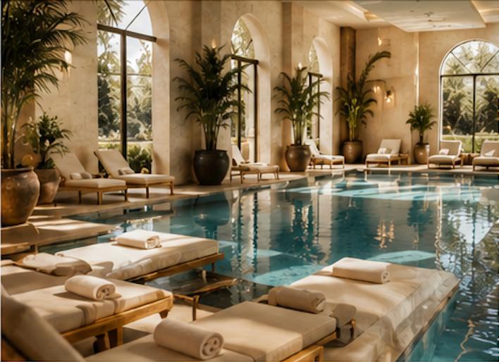 Indoor wellness pool framed by arched stonework