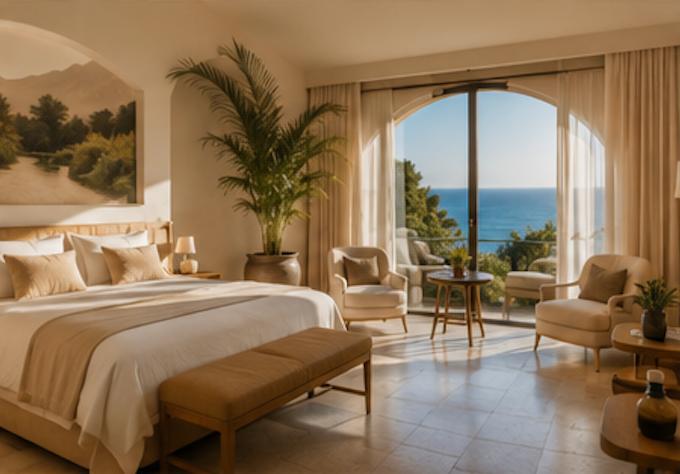 ETERNA suite — linen bedding and warm Mediterranean light